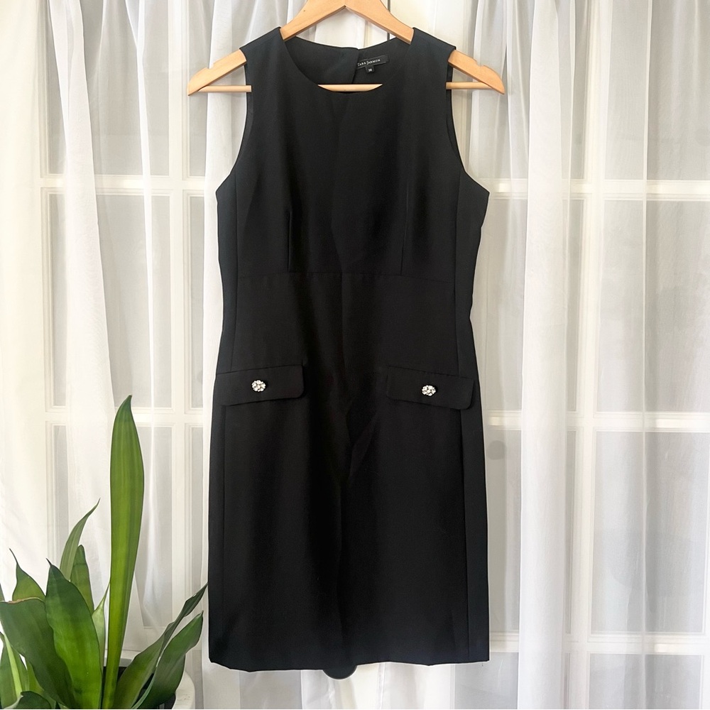 Vintage Tara Jarmon Cut Out Black Dress with Pockets and Rhinestone Buttons Sz 0
